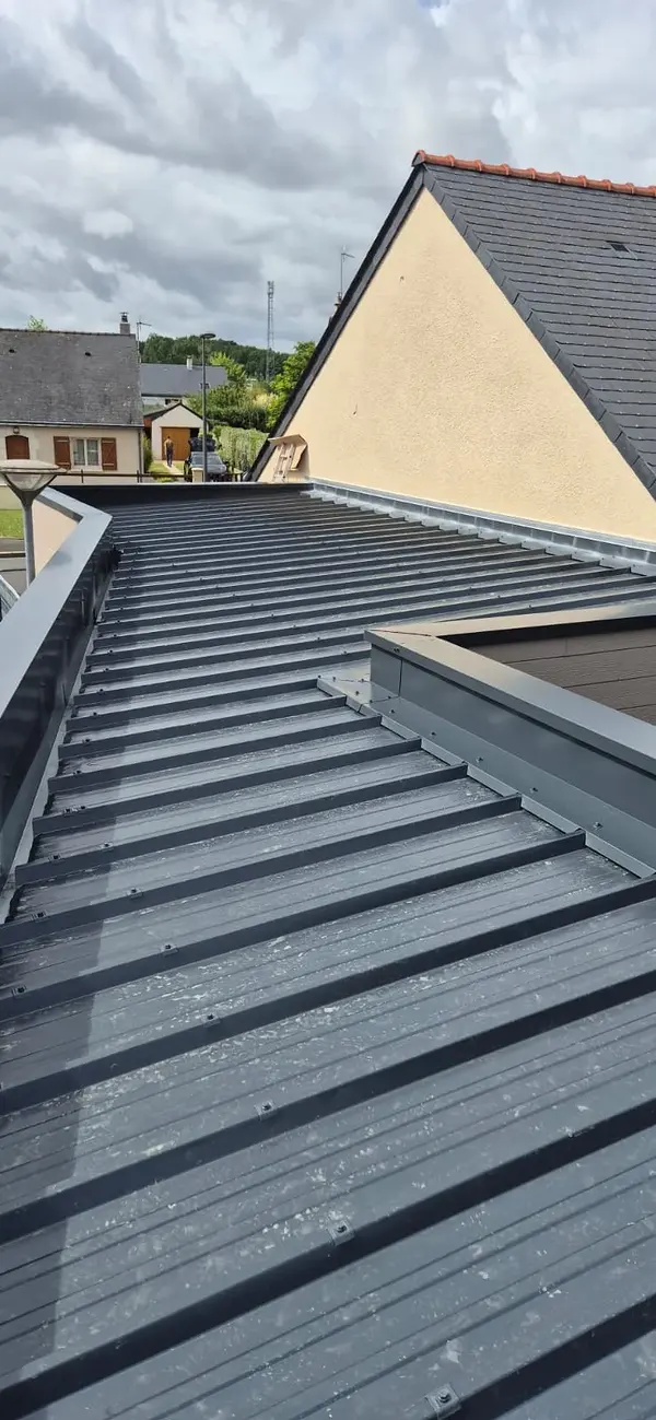Bac acier isolé sur une extension, contre le pignon d'une maison