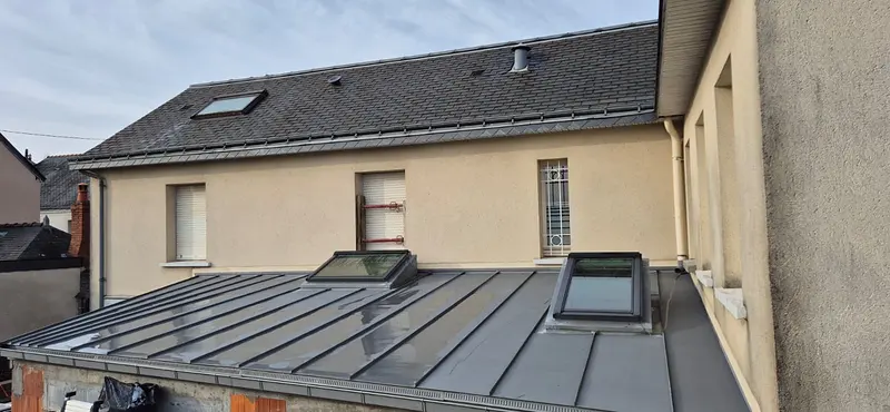 Toiture en zinc anthracite à joint debout équipée de deux fenêtres de toit