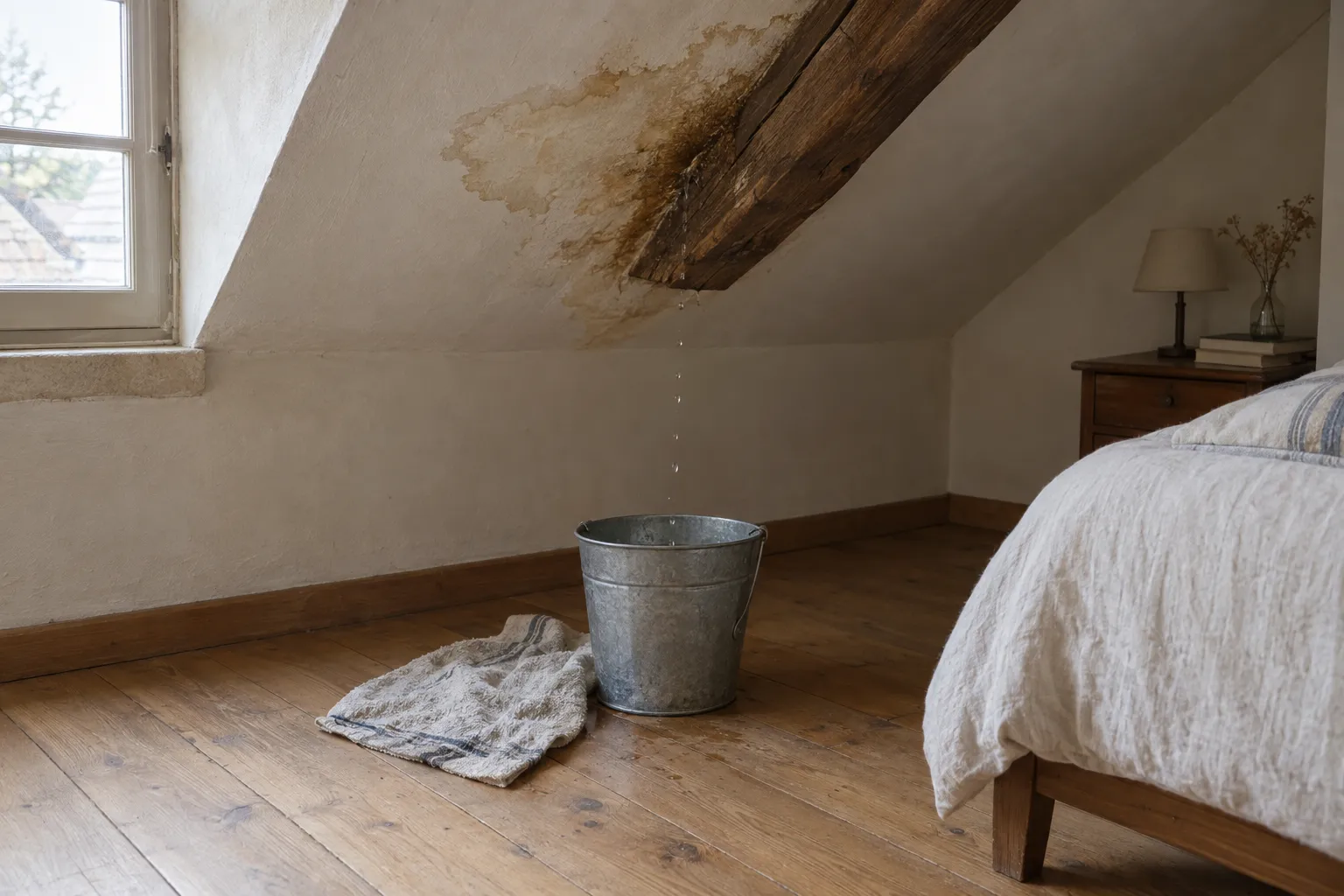 Illustration : tache d'humidité au plafond d'une chambre sous toiture et seau posé au sol