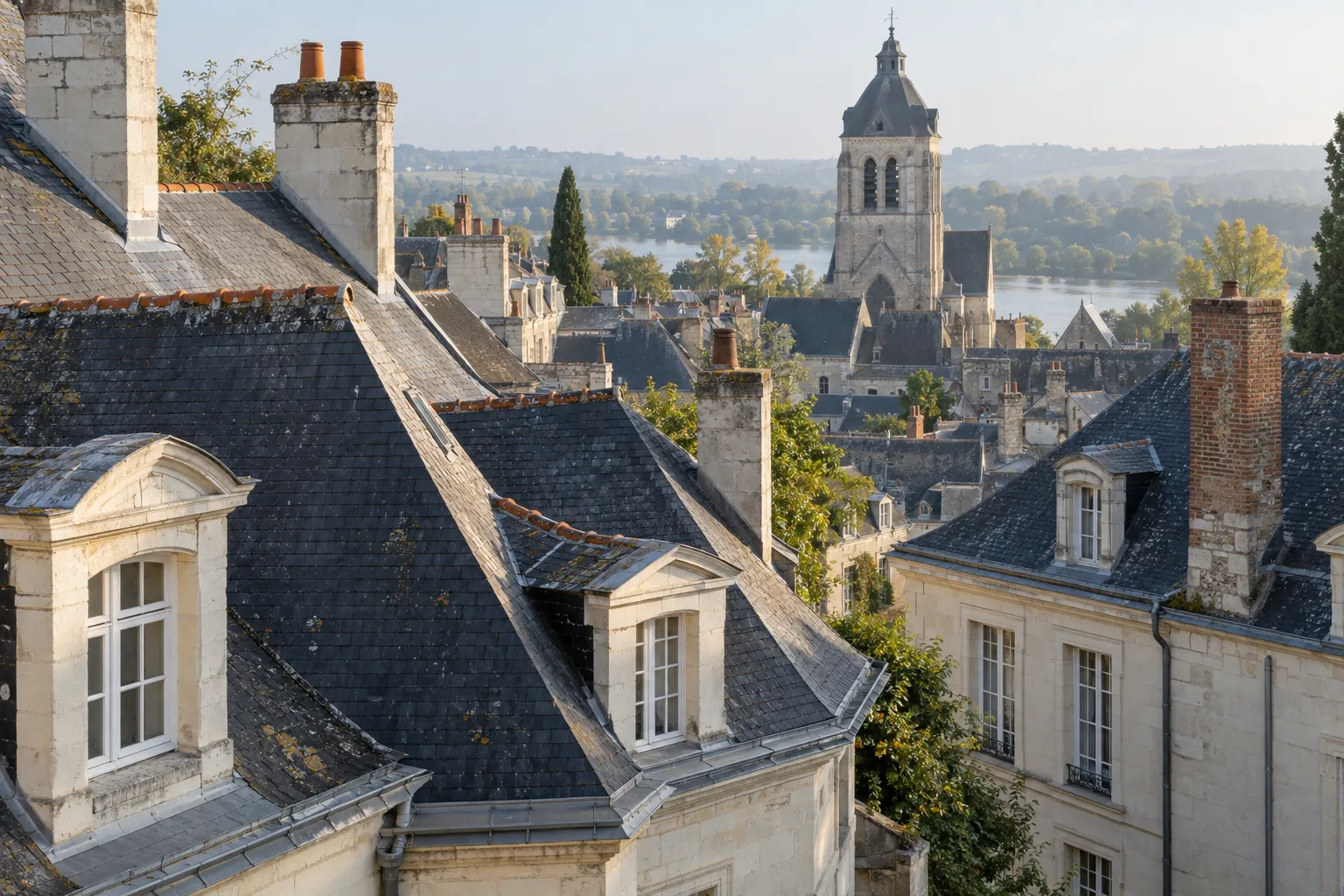 Illustration : toits d'ardoise, lucarnes en tuffeau et cheminées d'un centre ancien de l'Anjou