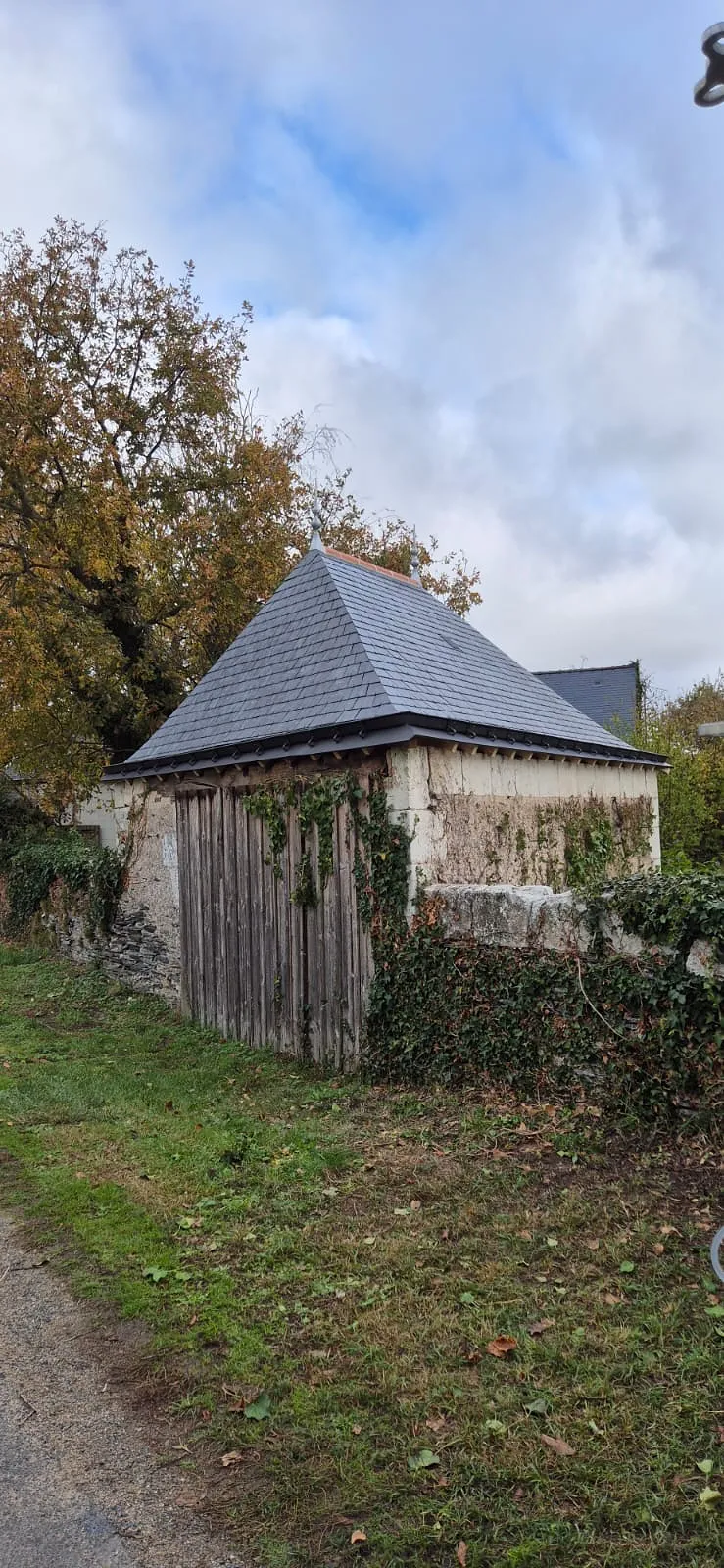 Petit bâtiment à quatre pans recouvert d'ardoise neuve au fond d'un jardin